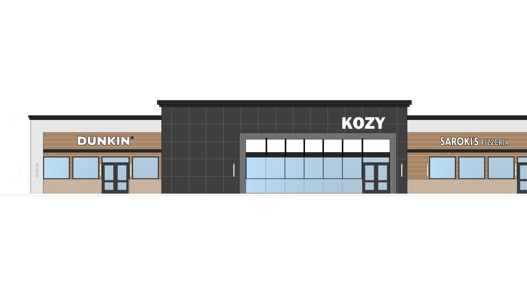 Elevation of the renovated Grand Blanc Kozy with Dunkin', Kozy, and Saroki's storefronts.