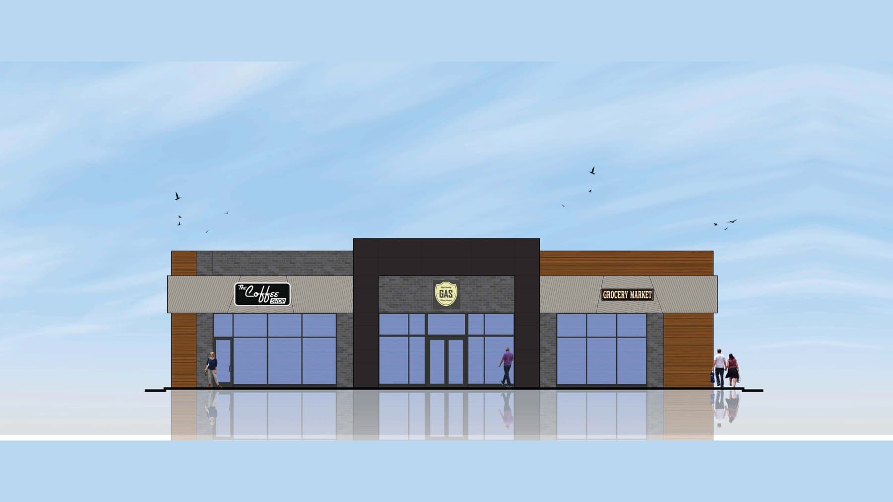 Rendering of the Monroe Kozy flagship — charcoal brick, walnut accents, and warm-grey ACM panels.